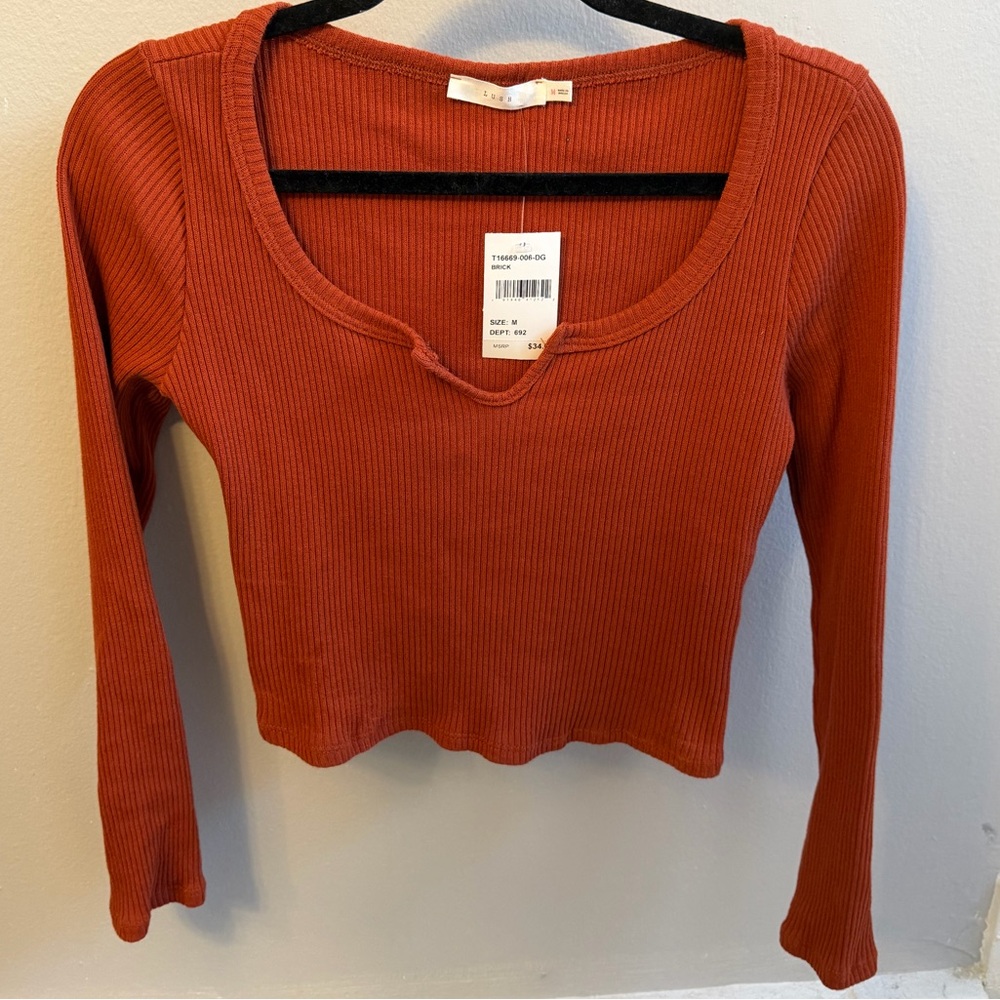 Lush Terracotta Ribbed Long Sleeve Top